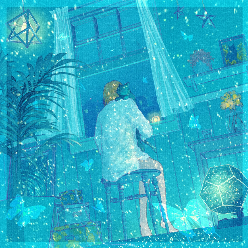 ambiguous_gender, aqua_theme, bare_legs, barefoot, curtains, dodecahedron, flower, from_behind