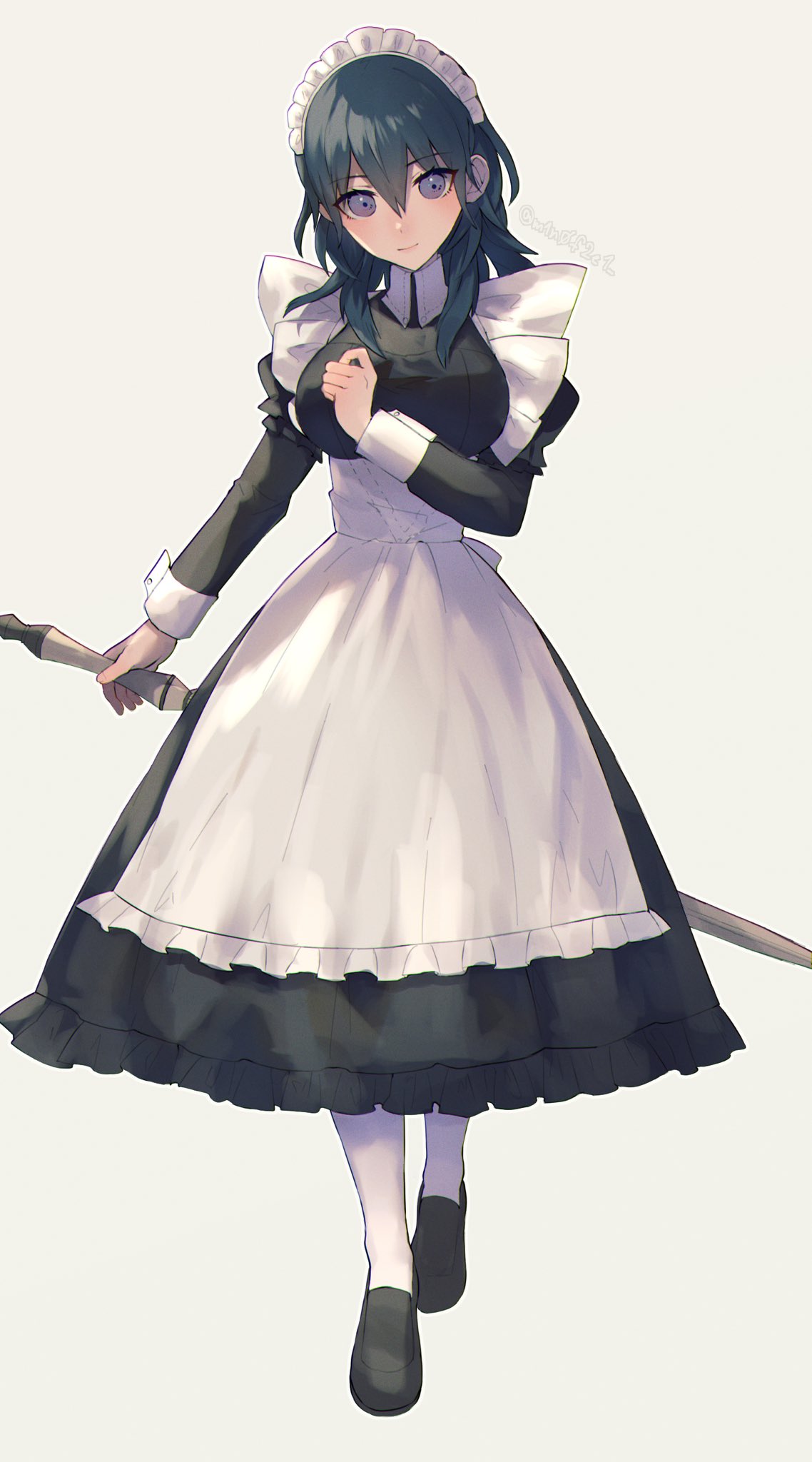 1girl, alternate_costume, apron, bangs, black_dress, black_footwear, blue_hair, byleth_(female)_(fire_emblem)