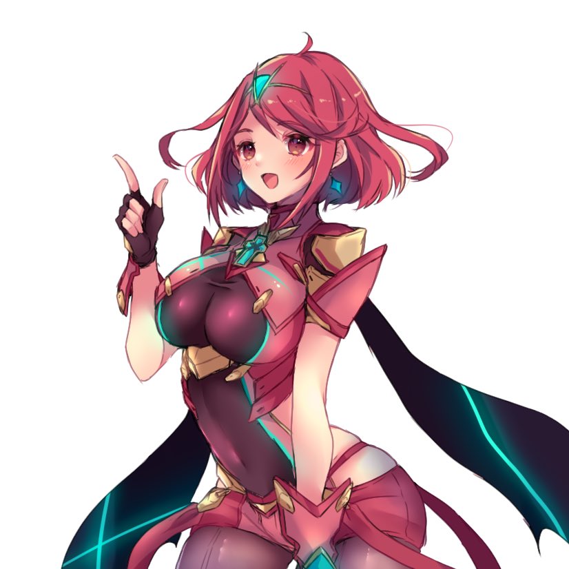 1girl, ahoge, arched_back, armor, bangs, black_gloves, blush, breasts, chest_jewel, cleavage_cutout, clothing_cutout, commentary, covered_navel, cowboy_shot, earrings, eyebrows_visible_through_hair, fingerless_gloves, gem, gloves, gold_trim, headpiece, jewelry, large_breasts, looking_to_the_side, misosio_uma, open_mouth, pointing, pointing_up, pyra_(xenoblade), red_eyes, red_legwear, red_shorts, redhead, shiny, shiny_hair, short_hair, short_shorts, short_sleeves, shorts, simple_background, skindentation, solo, swept_bangs, tiara, white_background, xenoblade_chronicles_(series), xenoblade_chronicles_2