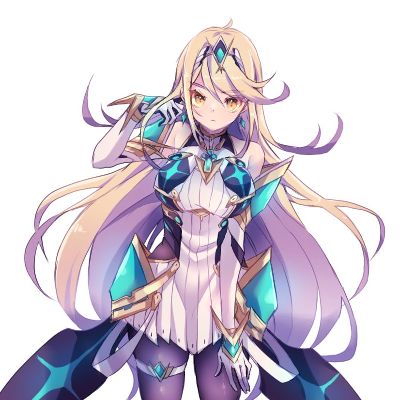 1girl, ahoge, armor, armpit_crease, bangs, bare_shoulders, black_legwear, blonde_hair, breasts, chest_jewel, commentary, cowboy_shot, dress, earrings, elbow_gloves, eyebrows_visible_through_hair, gem, gloves, gold_trim, hand_up, headpiece, jewelry, large_breasts, long_hair, looking_at_viewer, misosio_uma, mythra_(xenoblade), pantyhose, shiny, shiny_hair, short_dress, sidelocks, simple_background, solo, swept_bangs, thigh_strap, tiara, very_long_hair, white_background, white_dress, white_gloves, xenoblade_chronicles_(series), xenoblade_chronicles_2, yellow_eyes