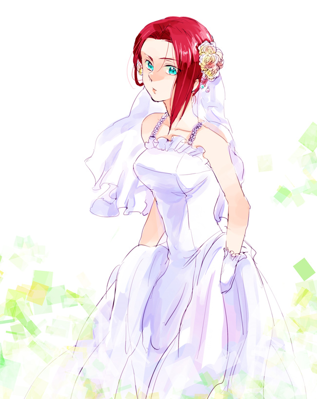 blue_eyes, bride, code_geass, dress, flower, hair_flower, hair_ornament, kallen_stadtfeld, mameezu, red_hair, redhead, solo, wedding_dress