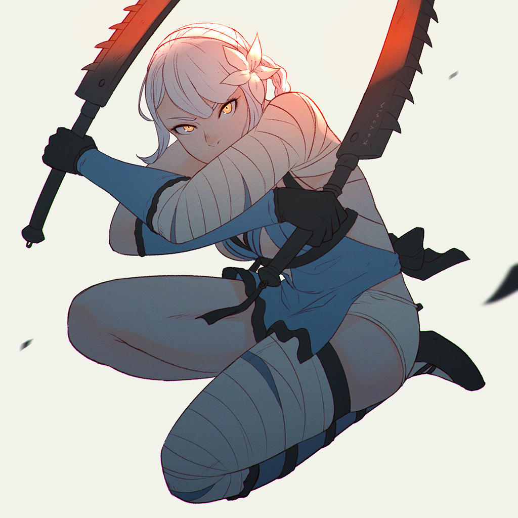 1girl, bandaged_arm, bandaged_leg, bandages, bangs, breasts, dual_wielding, elbow_gloves