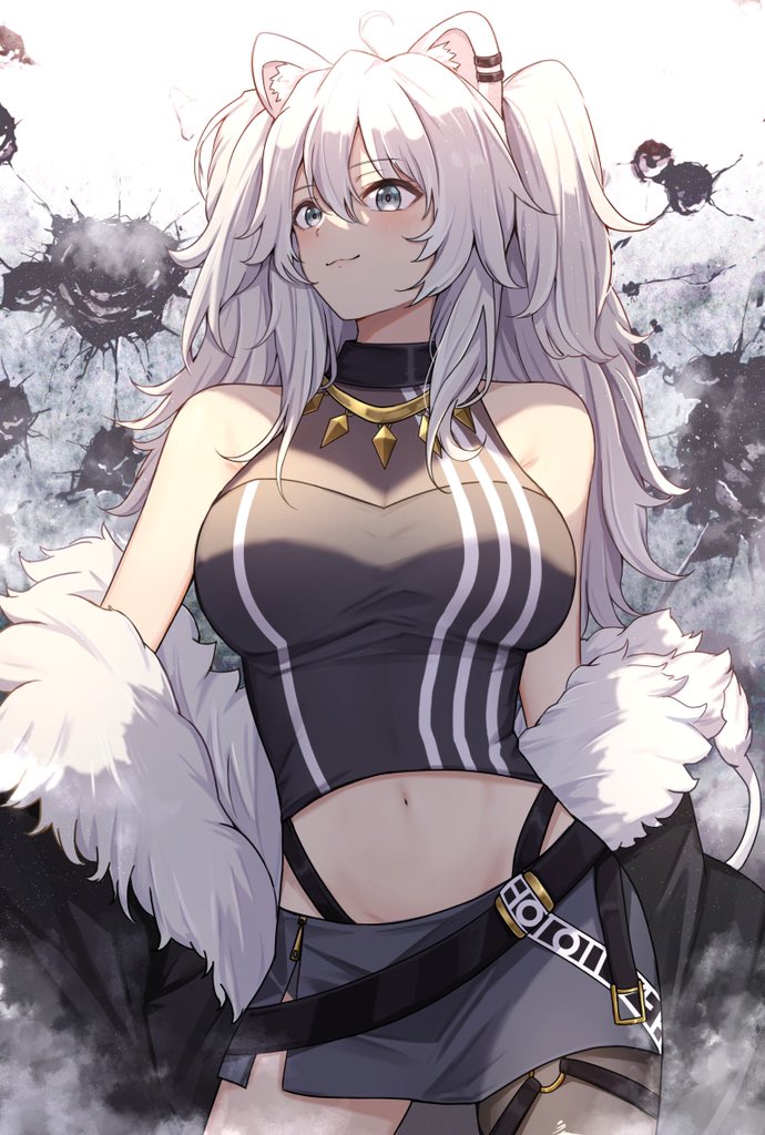 1girl, animal_ear_fluff, animal_ears, black_jacket, blush, breasts, dodon_gadon, grey_skirt