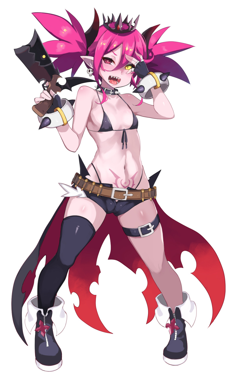 1girl, ammunition_belt, bangs, bare_arms, bare_shoulders, belt, belt_buckle, bikini