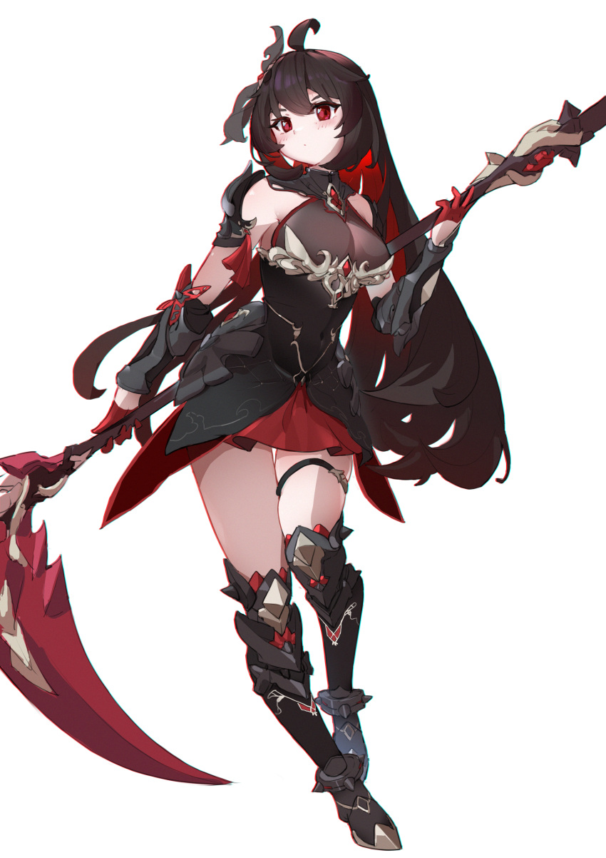 1girl, absurdres, ahoge, armor, black_bow, black_hair, bow, breasts, colored_inner_hair, hair_between_eyes, highres, honkai_(series), honkai_impact_3rd, long_hair, looking_at_viewer, multicolored_hair, quintincy, red_eyes, scythe, seele_(alter_ego), seele_vollerei, seele_vollerei_(starchasm_nyx), solo, thigh_strap