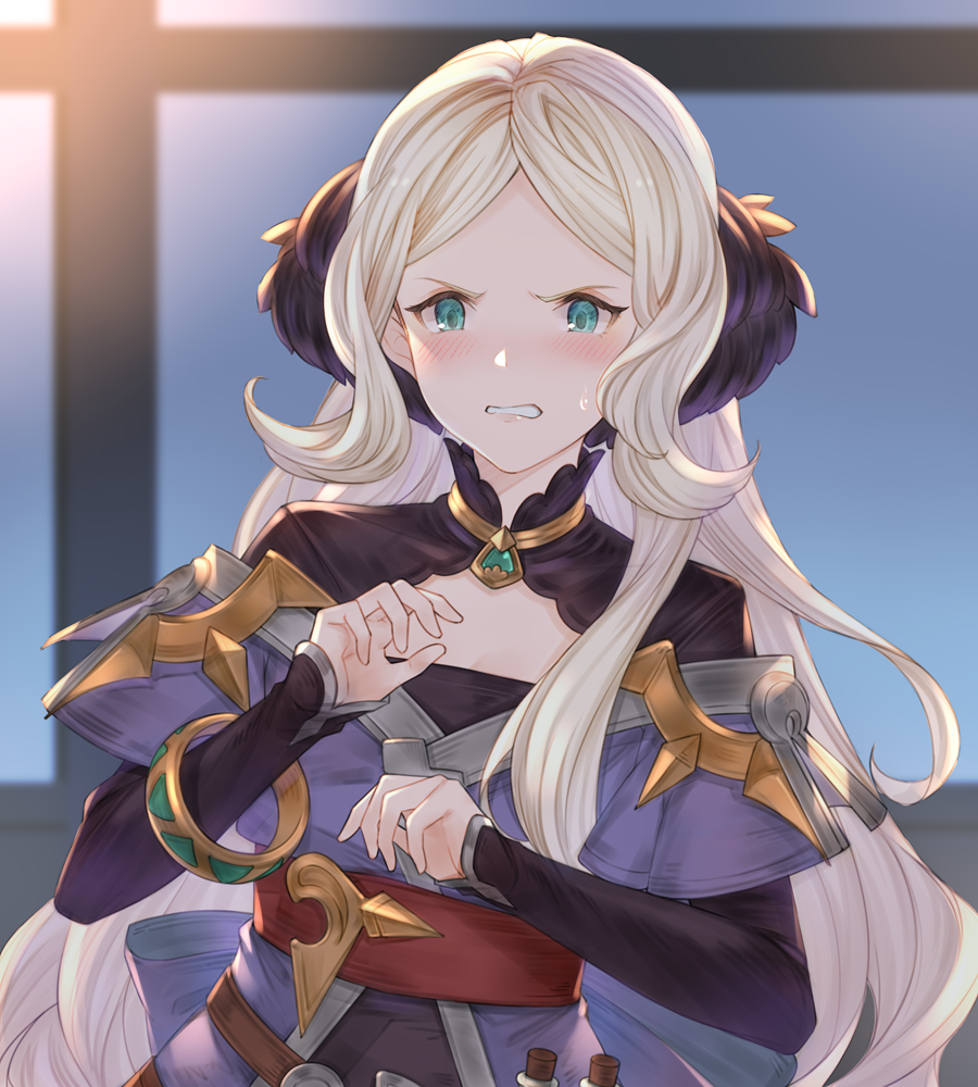 >:(, 1girl, belt, blonde_hair, blush, clenched_teeth, collar, disgust