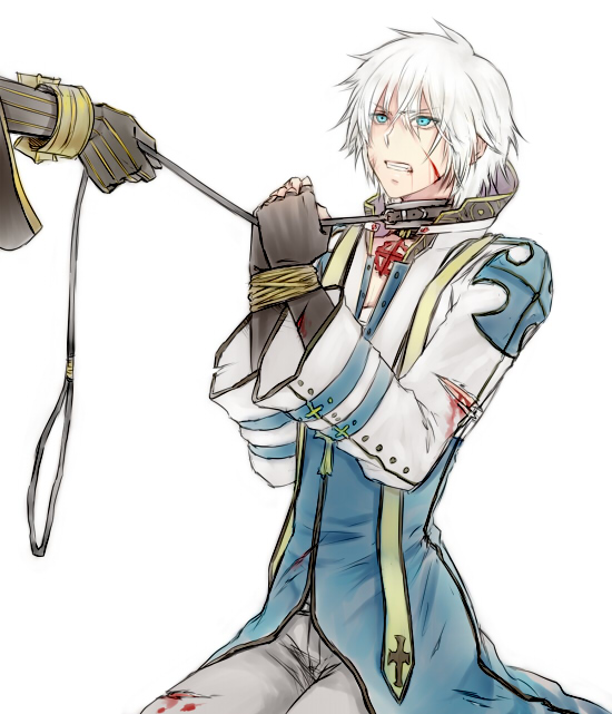 2boys, animal_collar, archbishop_(ragnarok_online), bangs, black_gloves, blood, bloody_clothes, blue_coat, blue_eyes, bound, bound_wrists, clenched_teeth, coat, collar, commentary_request, cuts, eyebrows_visible_through_hair, feet_out_of_frame, fingerless_gloves, gloves, hair_between_eyes, injury, leash_pull, looking_at_another, male_focus, misuguu, multiple_boys, out_of_frame, pants, ragnarok_online, seiza, short_hair, simple_background, sitting, teeth, two-tone_coat, warlock_(ragnarok_online), white_background, white_coat, white_hair, white_pants