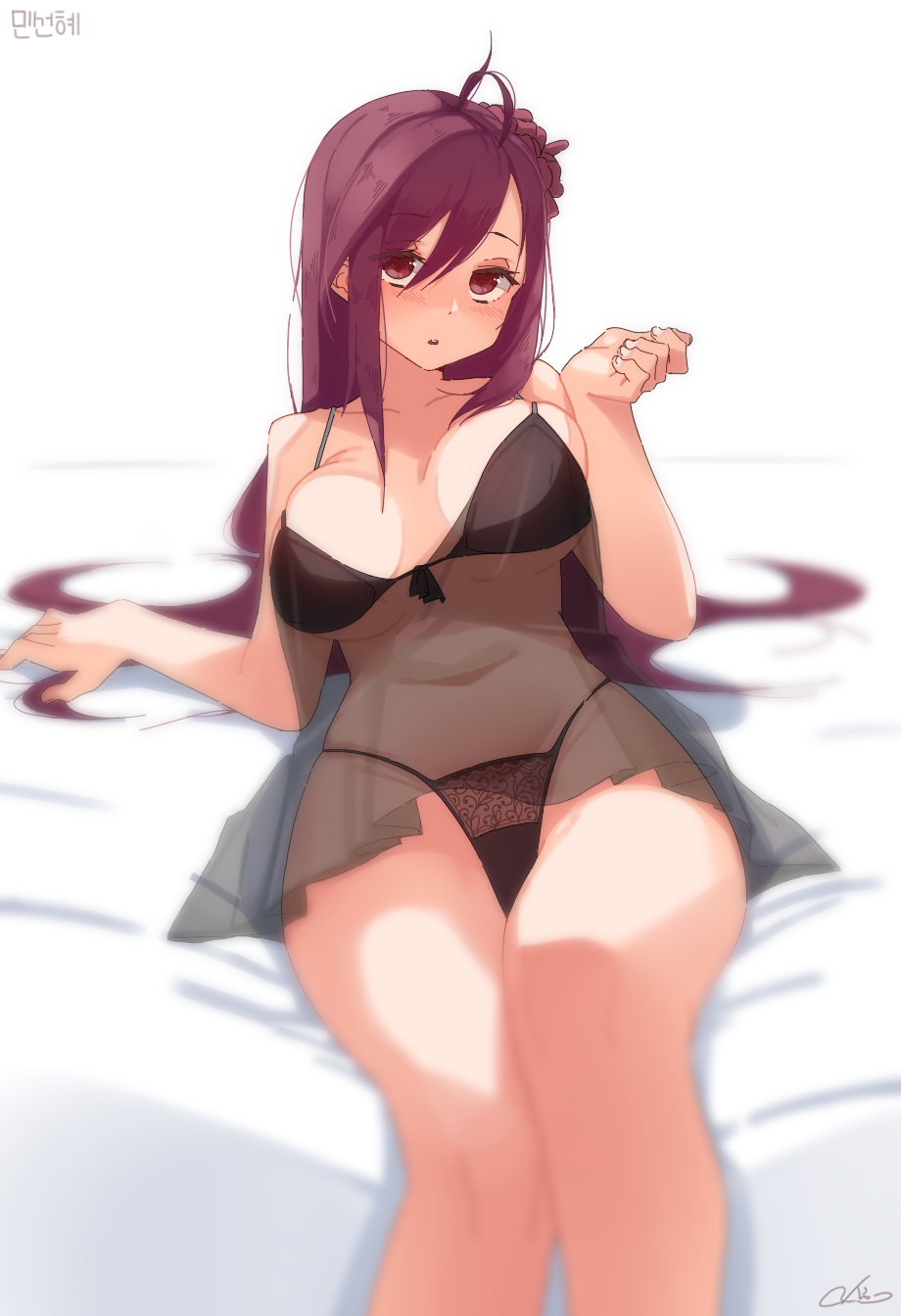 1girl, ahoge, black_panties, blurry, breasts, chemise, commission, depth_of_field