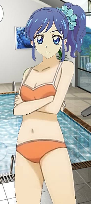 1girl, aikatsu!, bare_arms, bare_shoulders, bikini, blue_eyes, blue_hair, breast_squeeze