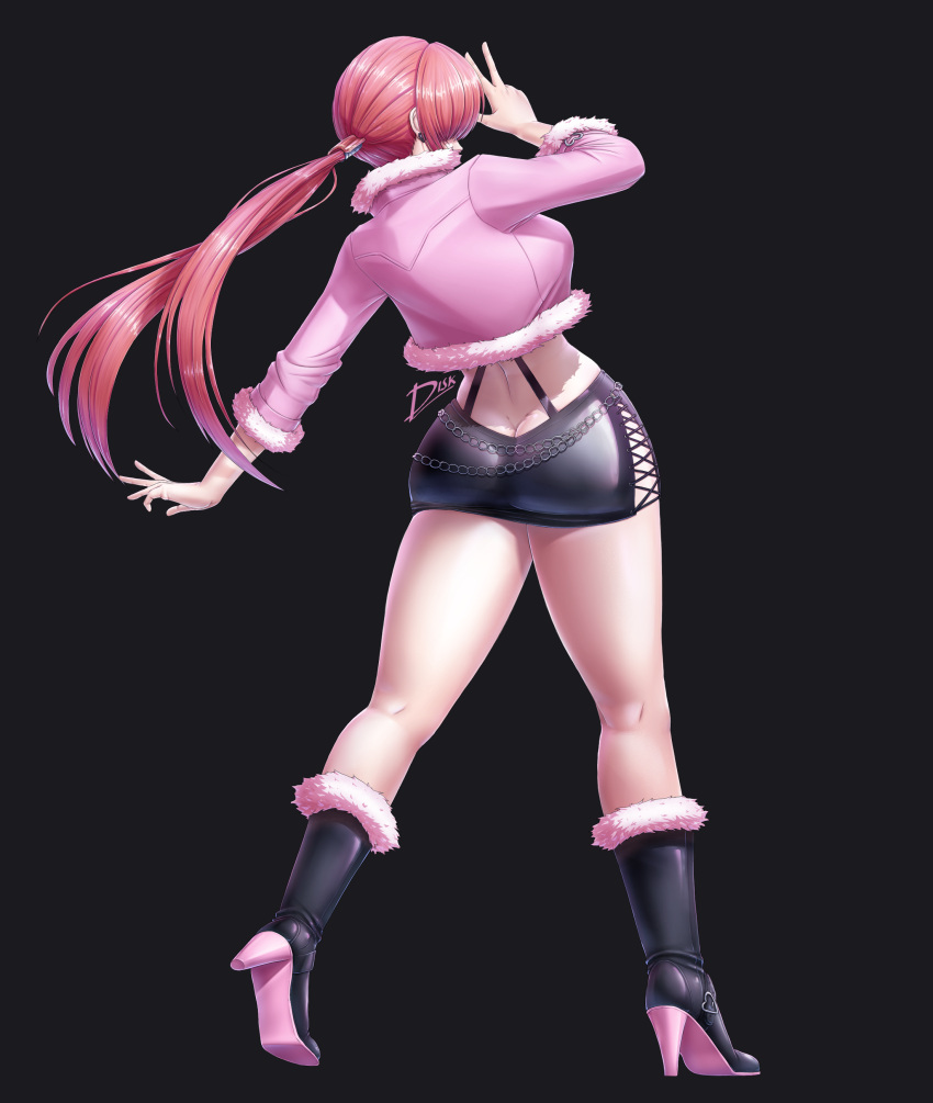 1girl, absurdres, artist_name, ass, bangs, black_background, black_dress, boots