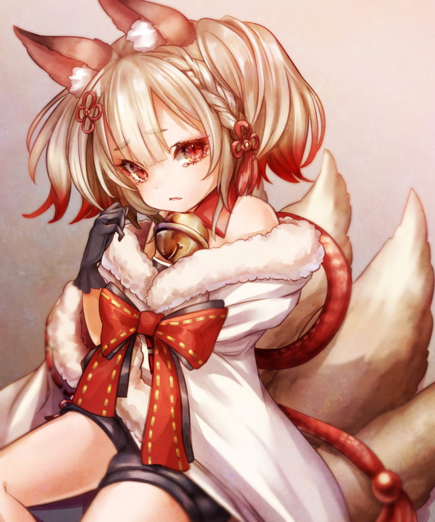 1girl, absurdres, animal_ears, arm_up, bare_shoulders, bell, black_gloves, black_shorts, bow, braid, brown_hair, coat, collar, eyebrows_visible_through_hair, fluffy, fox_ears, fox_tail, frown, fur_trim, gloves, hair_between_eyes, hair_ornament, hair_ribbon, highres, layered_clothing, multicolored_hair, neck_bell, nina_(maurururoa), red_bow, red_eyes, redhead, ribbon, sekka_(shadowverse), shadowverse, short_twintails, shorts, simple_background, sitting, solo, tail, twintails, two-tone_hair, white_coat, worried