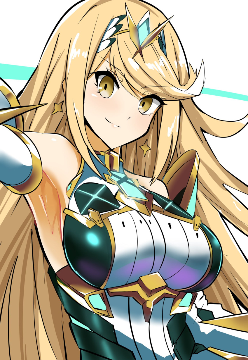1girl, armpits, bangs, blonde_hair, breasts, chest_jewel, dress, earrings