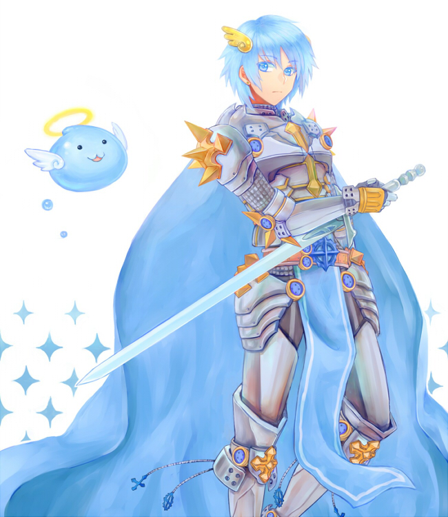 1boy, angel_wings, archangeling, armor, armored_boots, bangs, blue_cape, blue_eyes, blue_hair, boots, breastplate, cape, closed_mouth, commentary_request, eyebrows_visible_through_hair, feet_out_of_frame, hair_between_eyes, halo, holding, holding_sword, holding_weapon, leg_armor, looking_to_the_side, misuguu, pauldrons, ragnarok_online, rune_knight_(ragnarok_online), short_hair, shoulder_armor, slime_(creature), sparkle, spiked_pauldrons, sword, weapon, white_background, wings