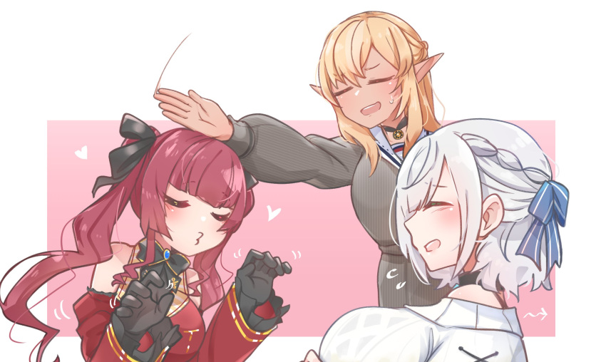 3girls, bangs, blonde_hair, blush, breasts, dark_skin, dark-skinned_female, elf