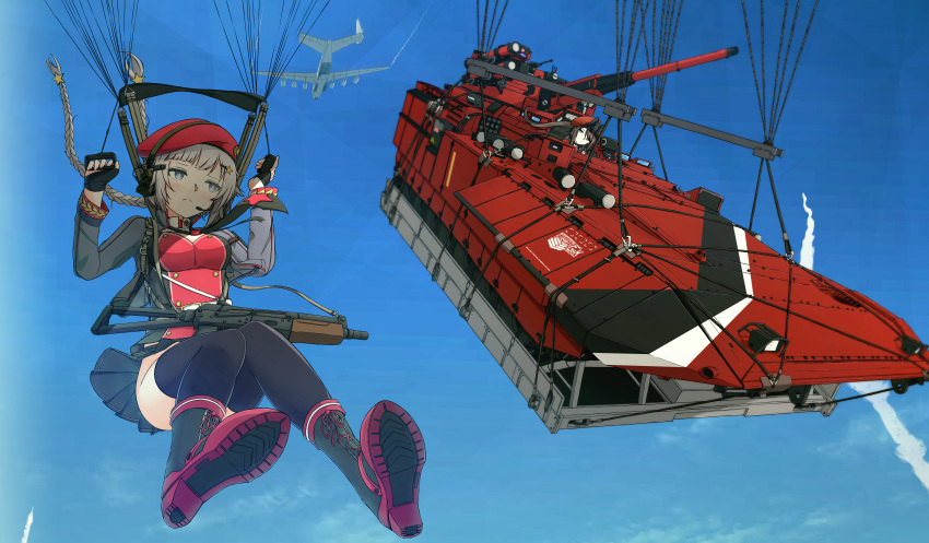 2girls, absurdres, aircraft, airplane, beret, black_footwear, black_gloves, black_hair