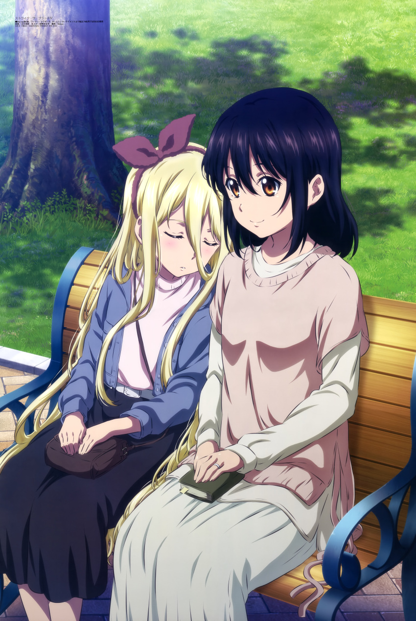 2girls, absurdres, avrora_florestina, bench, black_hair, blonde_hair, bow, bow_hairband