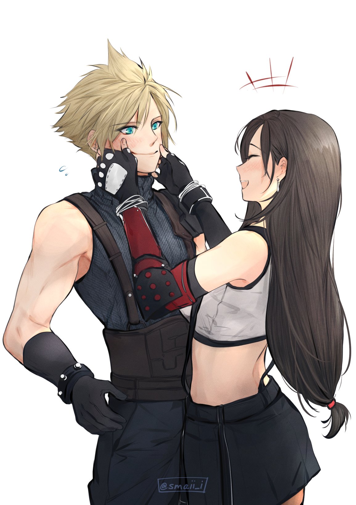 1boy, 1girl, bare_shoulders, black_hair, black_skirt, blonde_hair, blue_eyes, cheek_pinching