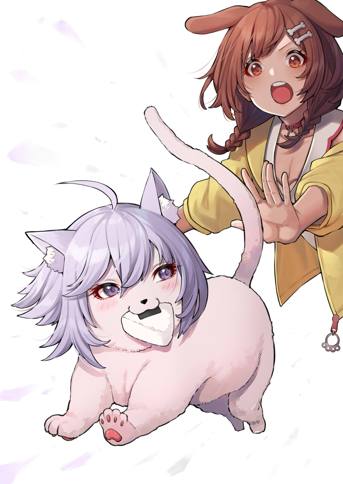 :3, ahoge, animal_collar, animal_ears, bangs, blush, bone_hair_ornament, braid