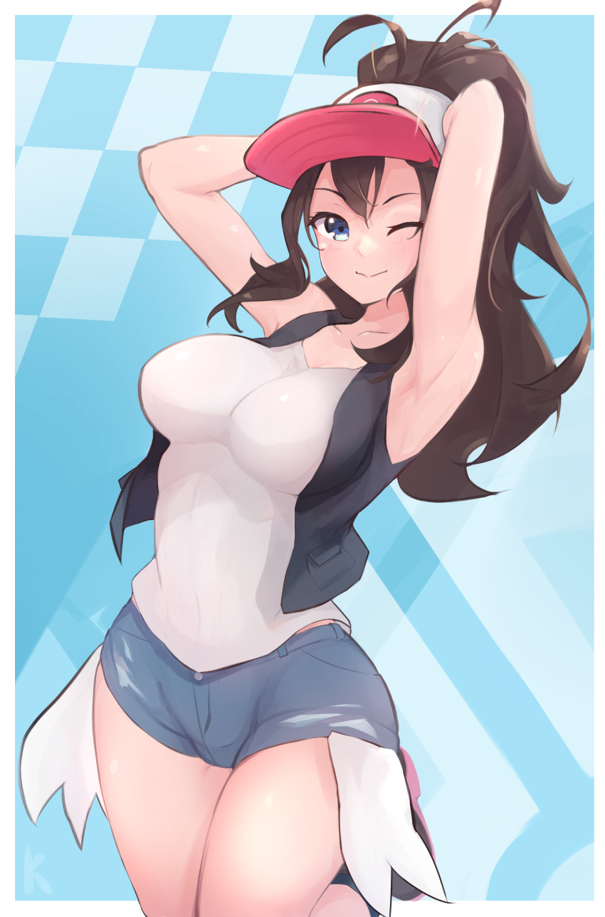 1girl, absurdres, antenna_hair, bangs, baseball_cap, black_footwear, black_vest, blue_eyes, blush, boots, border, breasts, closed_mouth, commentary, eyelashes, hat, high_ponytail, highres, hilda_(pokemon), kanotype, leg_up, long_hair, looking_at_viewer, one_eye_closed, open_clothes, open_vest, outside_border, pink_headwear, pokemon, pokemon_(game), pokemon_bw, shirt, short_shorts, shorts, sidelocks, smile, solo, vest, white_border, white_shirt