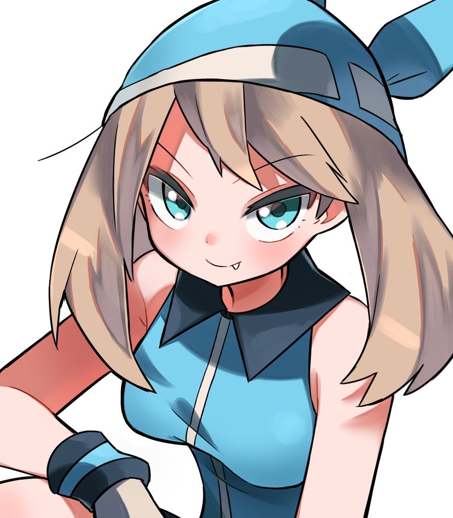 1girl, bangs, blue_bandana, blue_shirt, blush, brown_hair, closed_mouth, collared_shirt, commentary_request, eyebrows_visible_through_hair, fang, fang_out, gloves, green_eyes, hyou_(hyouga617), long_hair, looking_at_viewer, pokemon, pokemon_adventures, sapphire_birch, shirt, simple_background, sleeveless, sleeveless_shirt, smile, solo, v-shaped_eyebrows, white_background