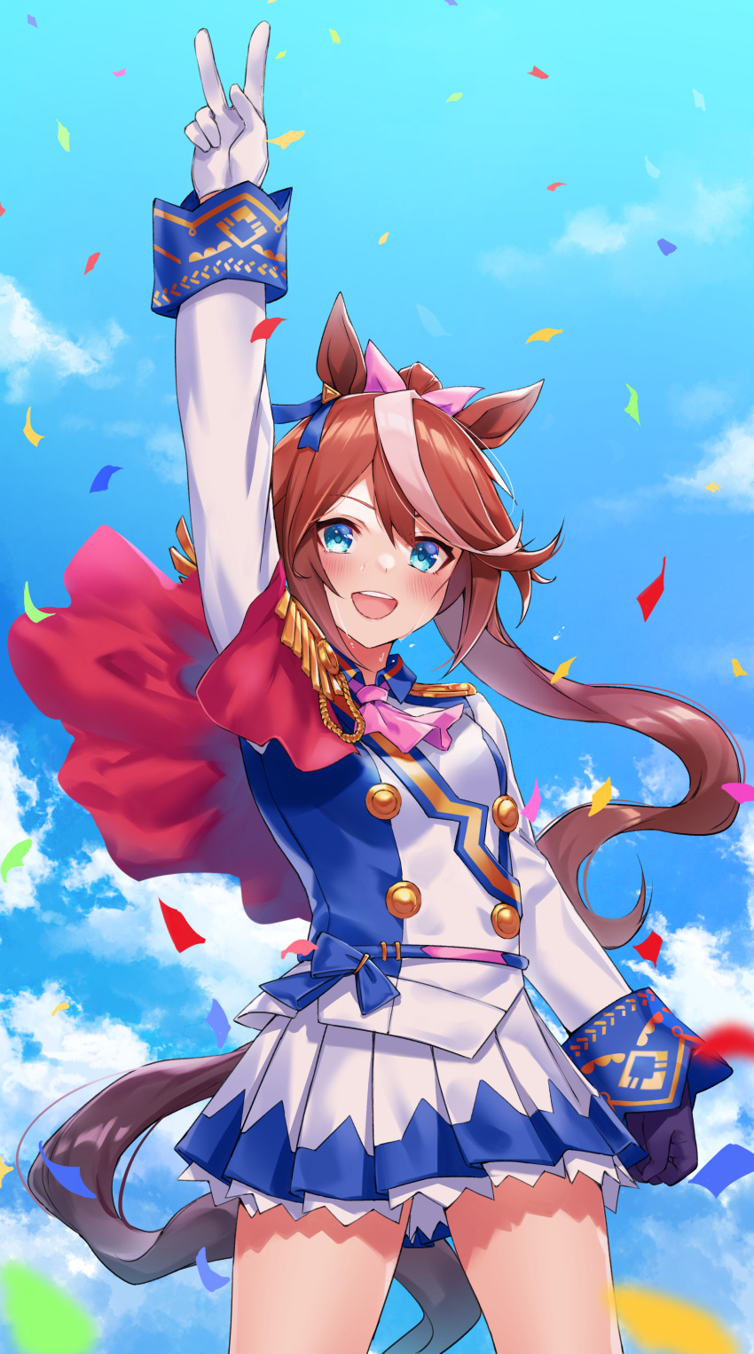 absurdres, animal_ears, ascot, black_gloves, blue_eyes, blue_jacket, blue_skirt, blue_sky
