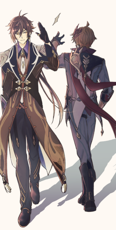 2boys, ahoge, bangs, black_footwear, black_gloves, boots, brown_hair, genshin_impact