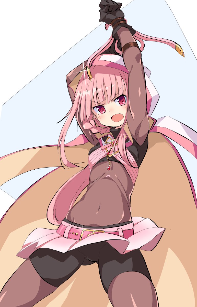 1girl, armpits, arms_up, ass_visible_through_thighs, belt, bike_shorts, black_gloves, black_legwear