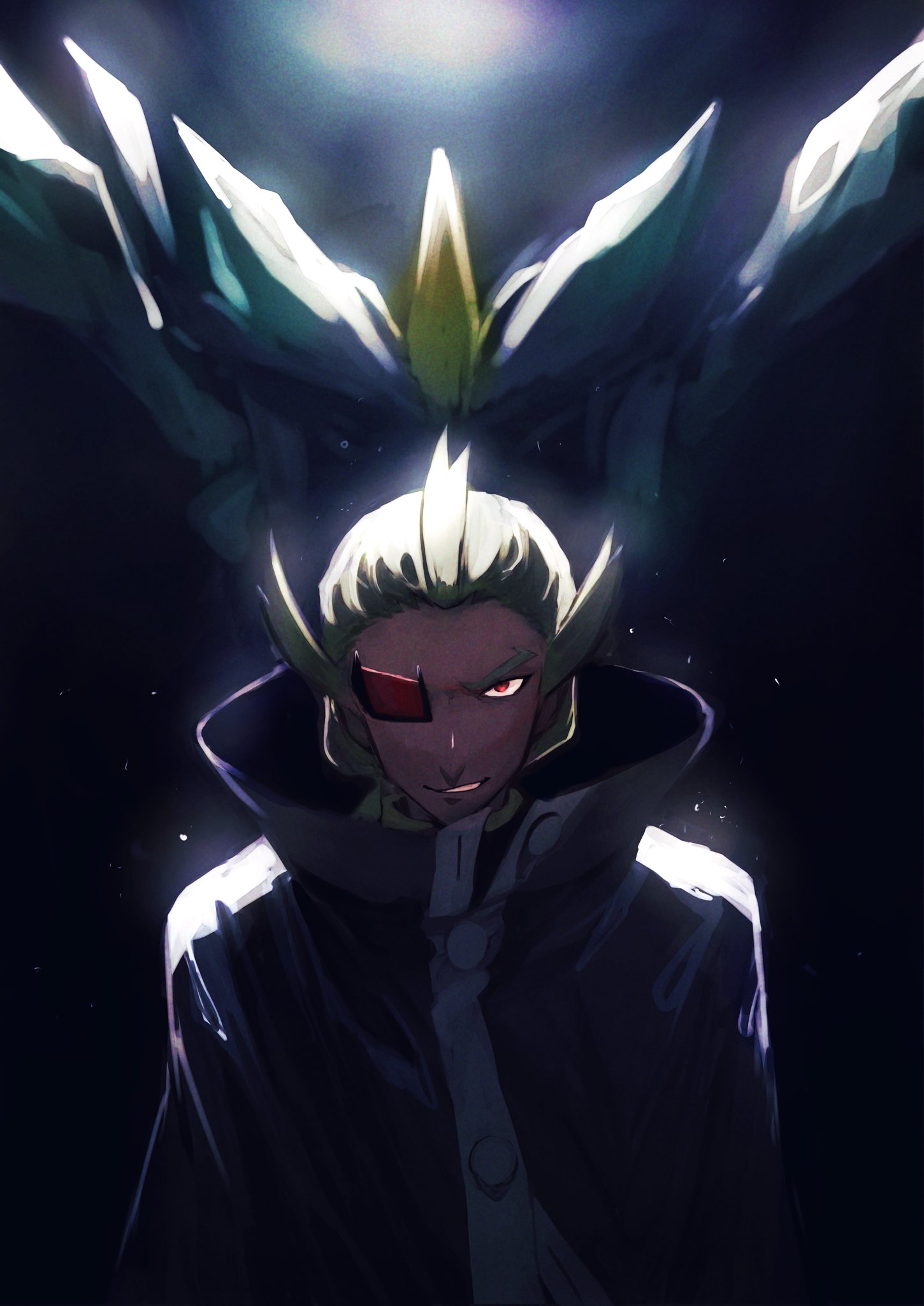 1boy, black_coat, coat, commentary_request, eyepiece, gen_5_pokemon, ghetsis_harmonia, green_hair, highres, kyurem, legendary_pokemon, long_hair, looking_at_viewer, male_focus, parted_lips, pokemon, pokemon_(creature), pokemon_(game), pokemon_bw2, popped_collar, red-tinted_eyewear, red_eyes, smirk, suzusuzu1616, team_plasma, upper_body