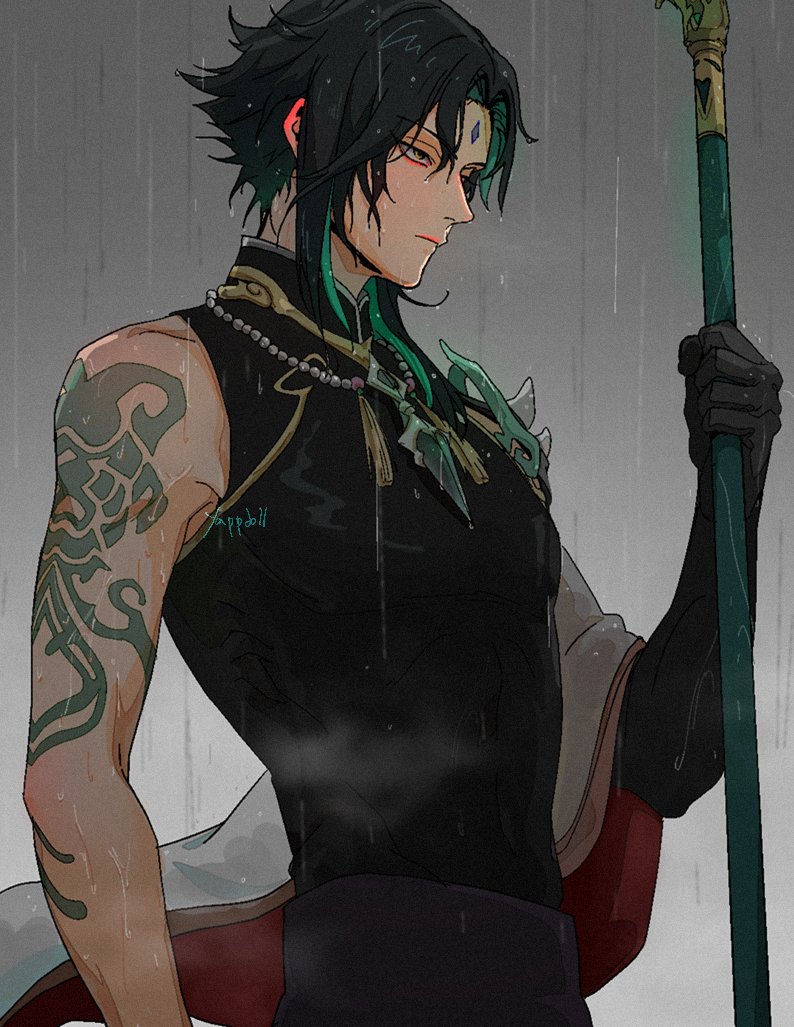 1boy, arm_tattoo, bangs, bare_shoulders, bead_necklace, beads, black_gloves, black_hair, black_pants, black_shirt, closed_mouth, colored_inner_hair, cowboy_shot, detached_sleeves, elbow_gloves, expressionless, facial_mark, film_grain, forehead_mark, genshin_impact, gloves, gradient, gradient_background, grey_background, half-closed_eyes, holding, holding_weapon, jewelry, looking_to_the_side, male_focus, mandarin_collar, medium_hair, multicolored_hair, necklace, pants, parted_bangs, polearm, rain, shirt, simple_background, sleeveless, sleeveless_shirt, solo, spear, standing, tattoo, toned, toned_male, tsurime, two-tone_hair, weapon, wet, wet_clothes, wet_hair, wet_shirt, wide_sleeves, xiao_(genshin_impact), yappdoll, yellow_eyes