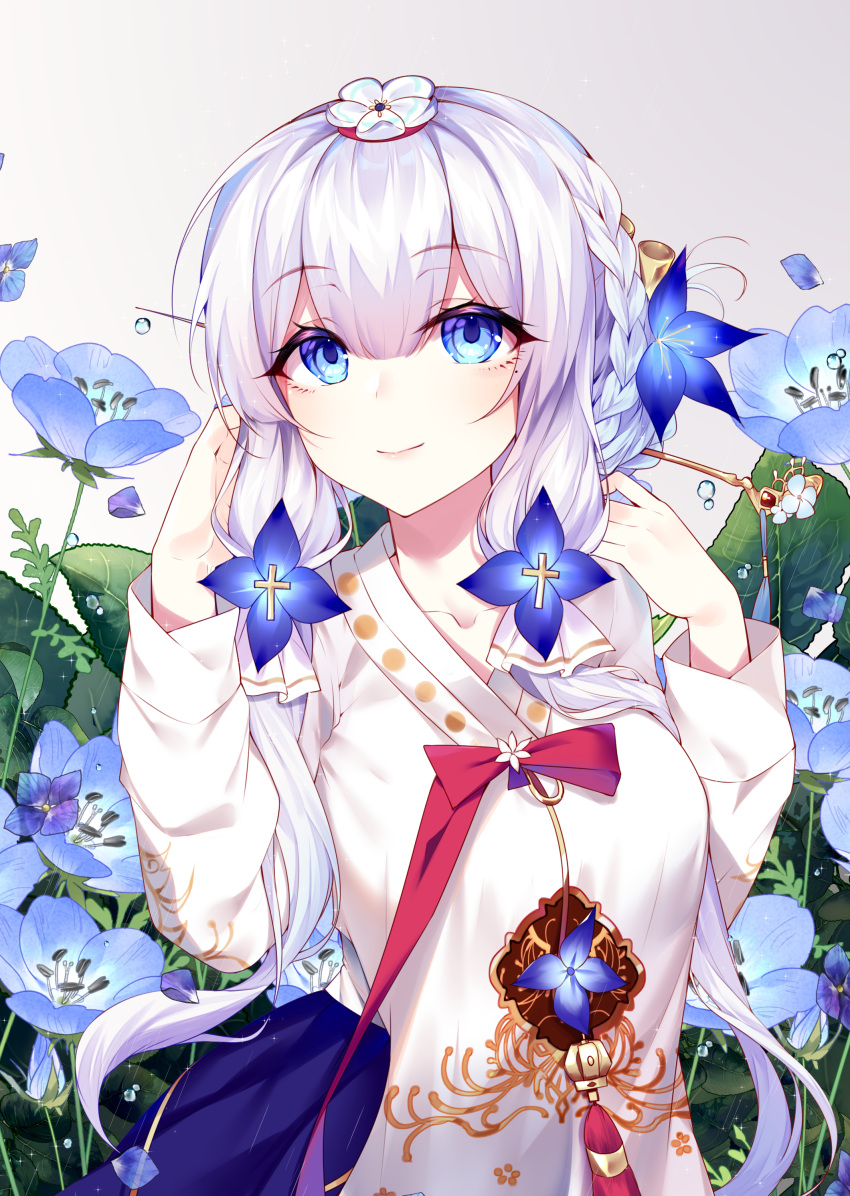 1girl, absurdres, azur_lane, blue_eyes, blue_flower, braid, breasts, chima_(clothes)