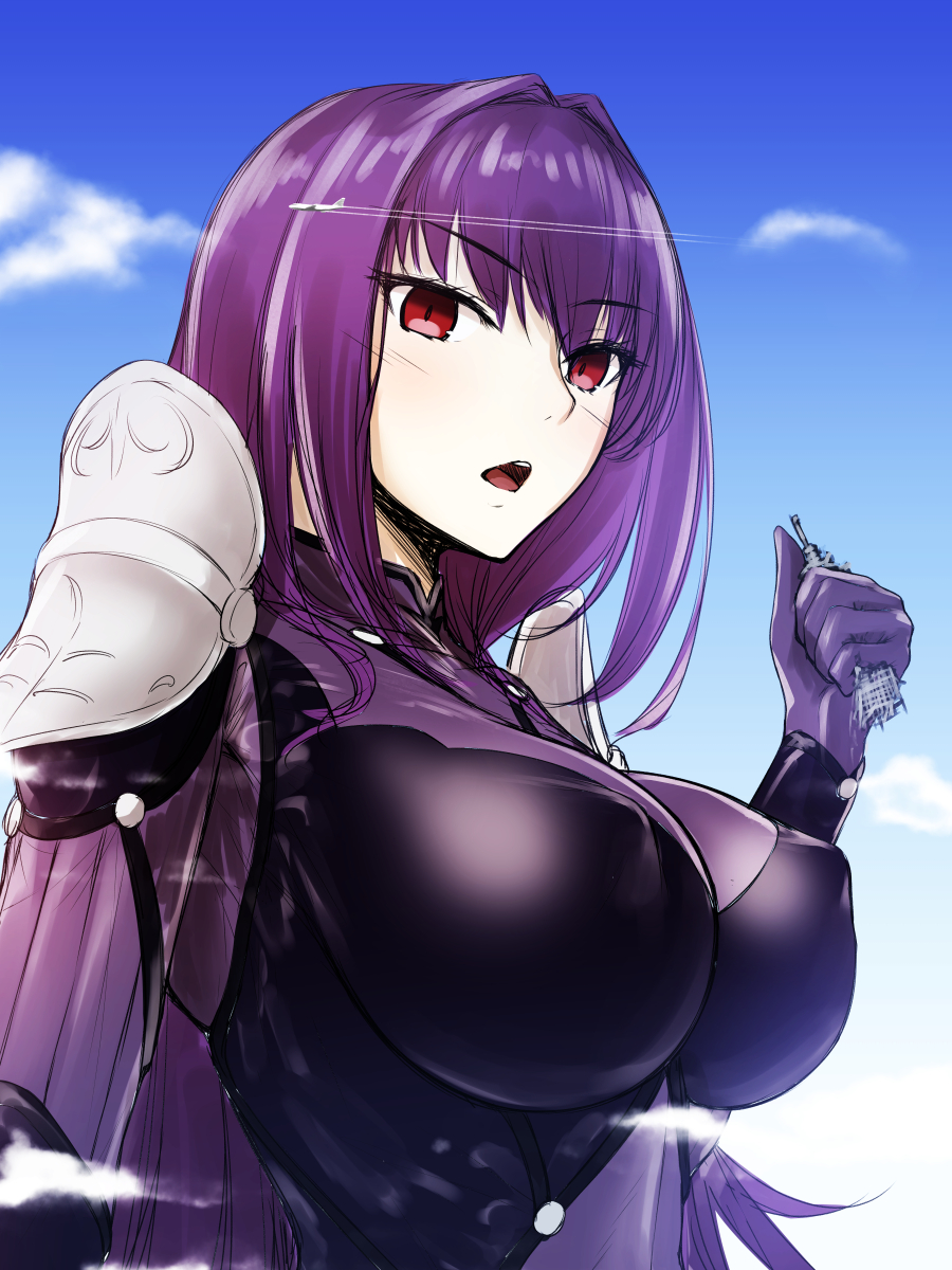 1girl, aircraft, airplane, blush, bodysuit, breasts, building, clouds