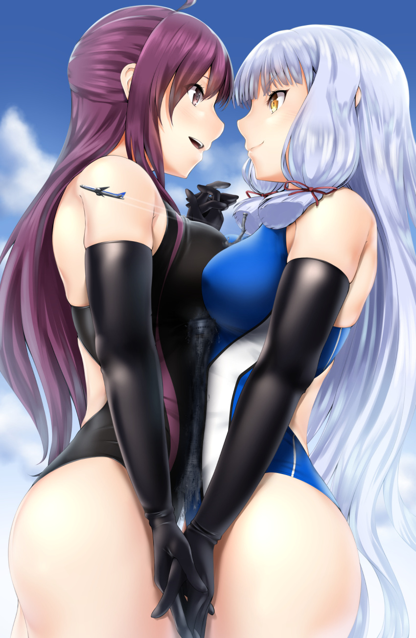 2girls, aircraft, airplane, ass, asymmetrical_docking, bare_shoulders, black_gloves, blush