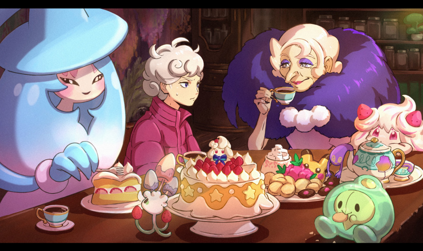 1boy, 1girl, ahoge, alcremie, alcremie_(strawberry_sweet), bangs, bede_(pokemon), cake