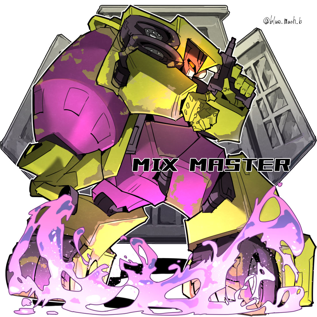 1boy, bia_(blue_mach_b), character_name, decepticon, energon, from_side, glowing, glowing_eye, gun, holding, holding_gun, holding_weapon, mecha, mixmaster, no_humans, orange_eyes, science_fiction, solo, transformers, weapon