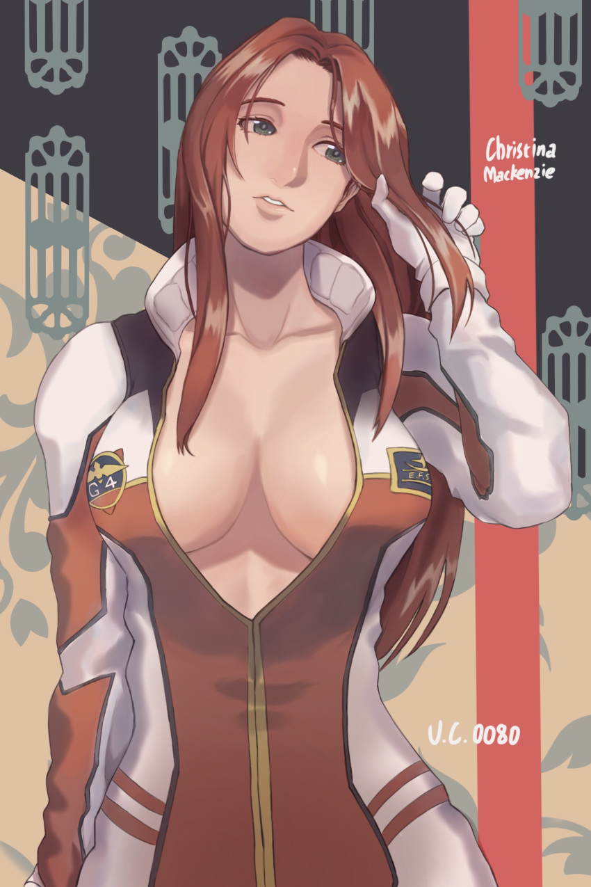 1girl, absurdres, breasts, character_name, christina_mackenzie, collarbone, green_eyes, gundam, gundam_0080, head_tilt, highres, jinri_shijie, long_hair, looking_to_the_side, medium_breasts, nose, parted_hair, parted_lips, pilot_suit, redhead, solo, upper_body, wide_hips
