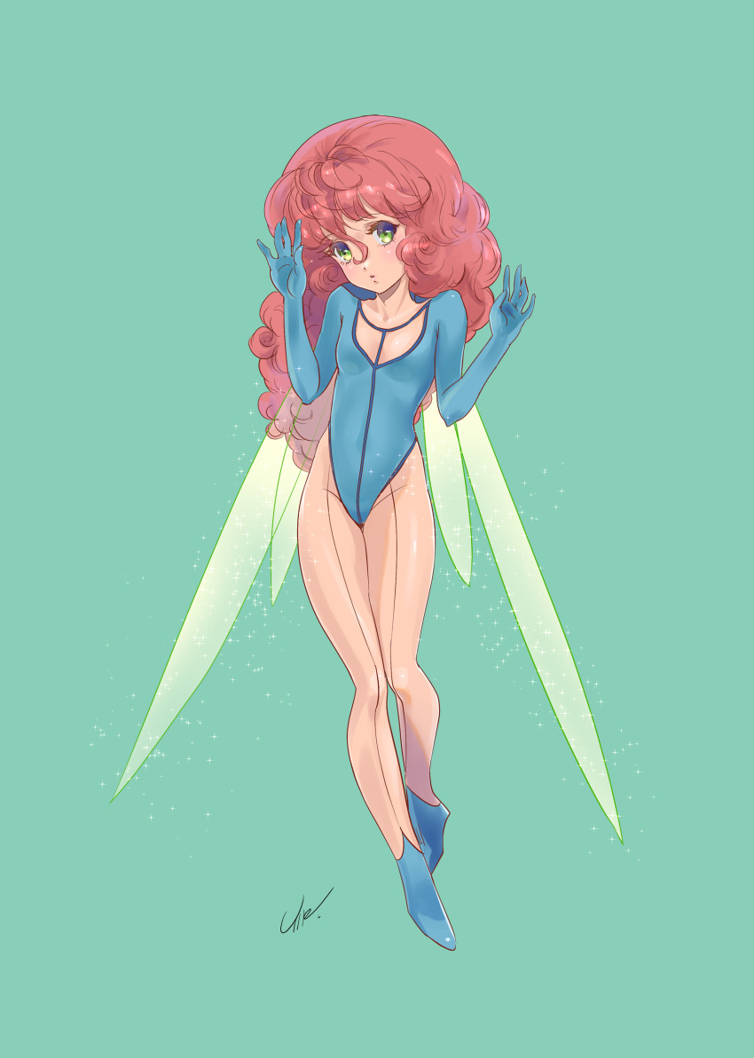 1girl, absurdres, arms_up, blue_background, blue_footwear, blue_gloves, blue_leotard, boots