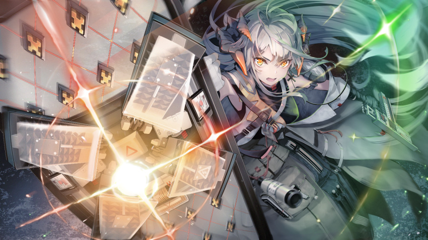 1girl, arknights, bare_shoulders, breasts, commentary_request, gun, holding, holding_gun