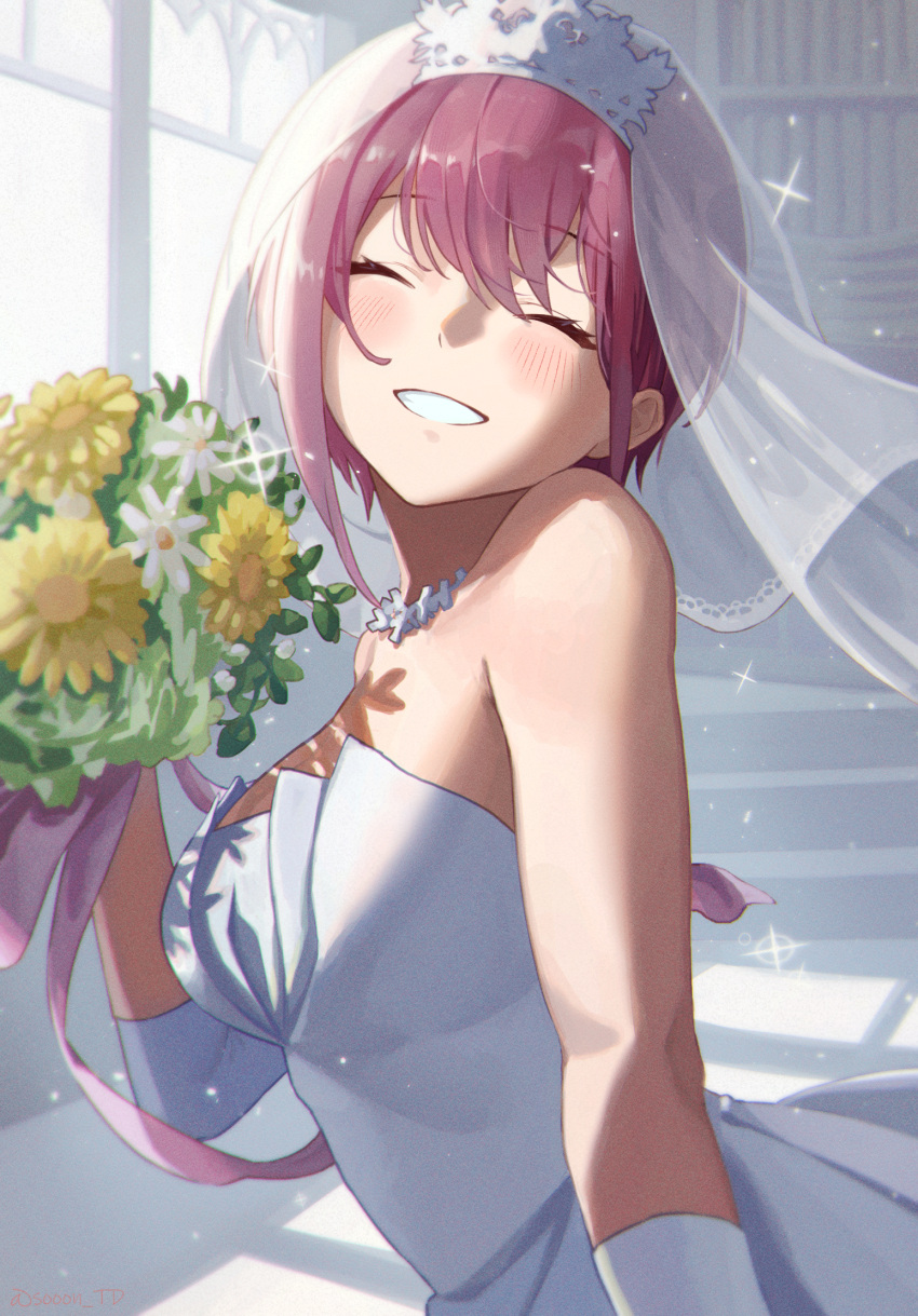 1girl, ^_^, bare_shoulders, blush, bouquet, breasts, bridal_veil, closed_eyes