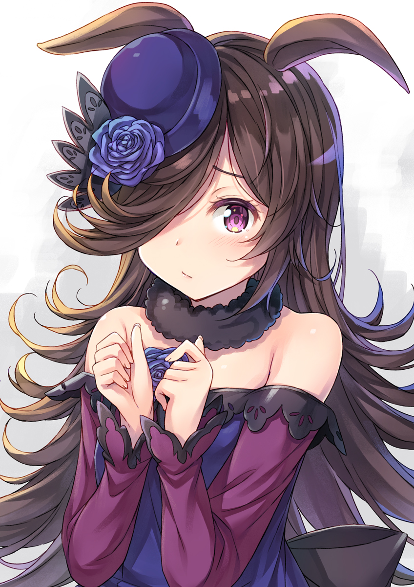 1girl, animal_ears, arms_up, bangs, bare_shoulders, black_bow, blue_flower, blue_headwear