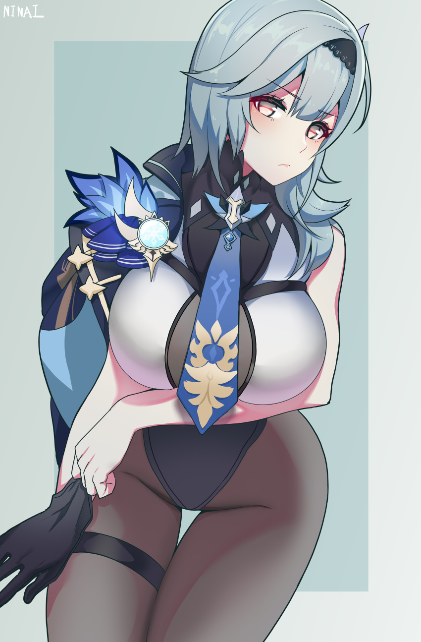 1girl, absurdres, bangs, black_gloves, black_hairband, black_leotard, blue_capelet, blue_hair