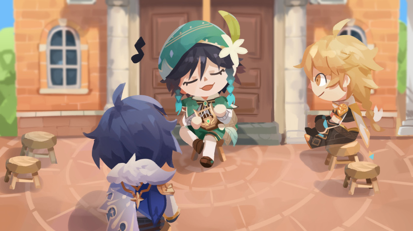 3boys, absurdres, aether_(genshin_impact), animal_crossing, braid, braided_ponytail, capelet, chibi, closed_eyes, fur_trim, genshin_impact, harp, hat, highres, instrument, kaeya_alberich, multiple_boys, music, musical_note, pants, parody, playing_instrument, prinzcake, scarf, sitting, smile, stool, venti_(genshin_impact)