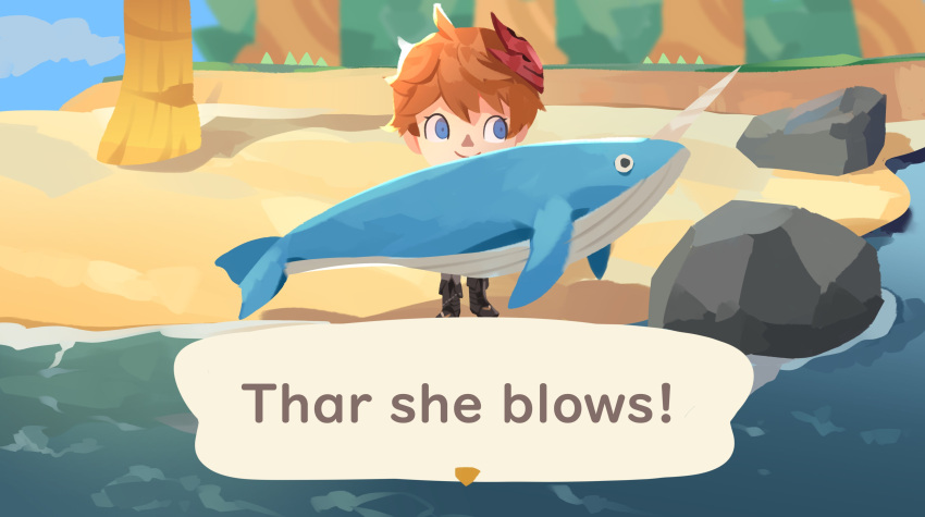 1boy, absurdres, animal_crossing, bad_link, beach, blue_eyes, chibi, english_text, genshin_impact, highres, horns, orange_hair, parody, prinzcake, smile, tartaglia_(genshin_impact), whale
