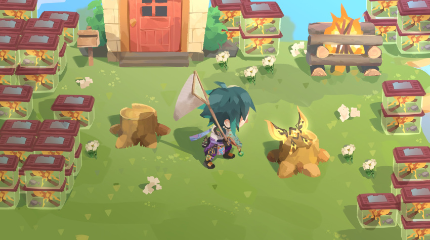 1boy, absurdres, animal_crossing, bug, butterfly, butterfly_net, cage, chibi