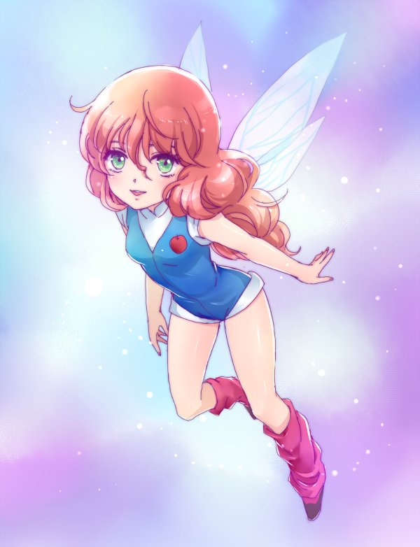 1girl, apple, blue_leotard, brown_footwear, brown_hair, fairy, fairy_wings, flying, food, fruit, full_body, green_eyes, heavy_metal_l-gaim, kneehighs, leotard, lilith_fau, long_hair, mizunomoto, open_mouth, pink_legwear, shoes, smile, solo, thighs, wings