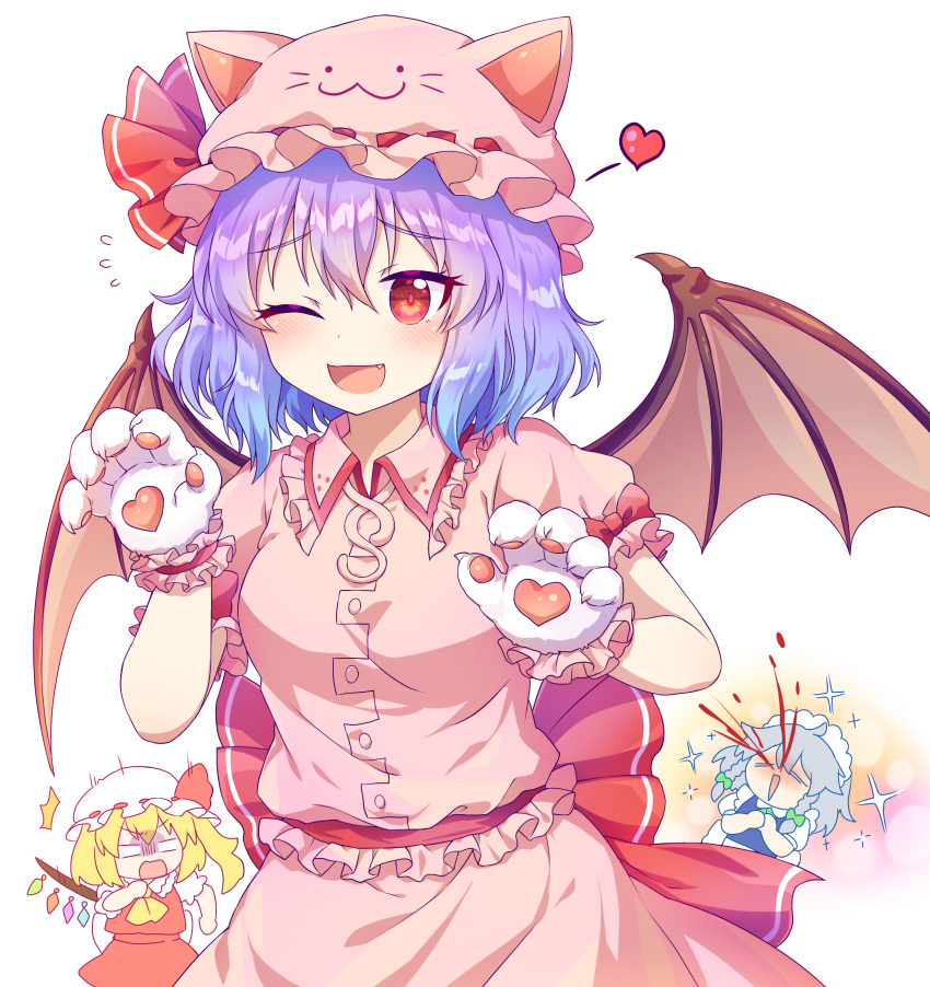 3girls, ;d, ^^^, absurdres, animal_ears, ascot, bangs, bat_wings