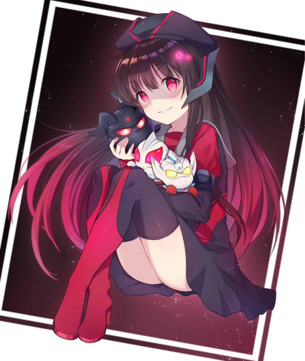 1girl, bangs, black_hair, boots, chibi, dark_persona, eyebrows_visible_through_hair, gradient_hair, highres, holding, holding_toy, humanization, long_hair, looking_at_viewer, multicolored_hair, parted_lips, red_eyes, redhead, sailor_collar, sitting, smile, solo, taro_(ultrataro), thigh-highs, thigh_boots, tokusatsu, toy, ultra_series, ultraman_geed, ultraman_geed_(series), ultraman_geed_darkness, ultraman_r/b, ultraman_taiga, ultraman_taiga_(series), ultraman_zero, ultraman_zero_darkness, ultrawoman_grigio, ultrawoman_grigio_darkness, very_long_hair