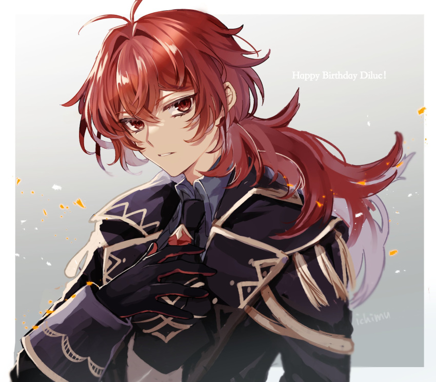 10gatsu4kka, 1boy, black_gloves, black_jacket, diluc_(genshin_impact), genshin_impact, gloves, happy_birthday, highres, jacket, long_hair, long_sleeves, looking_at_viewer, parted_lips, red_eyes, redhead, solo, upper_body