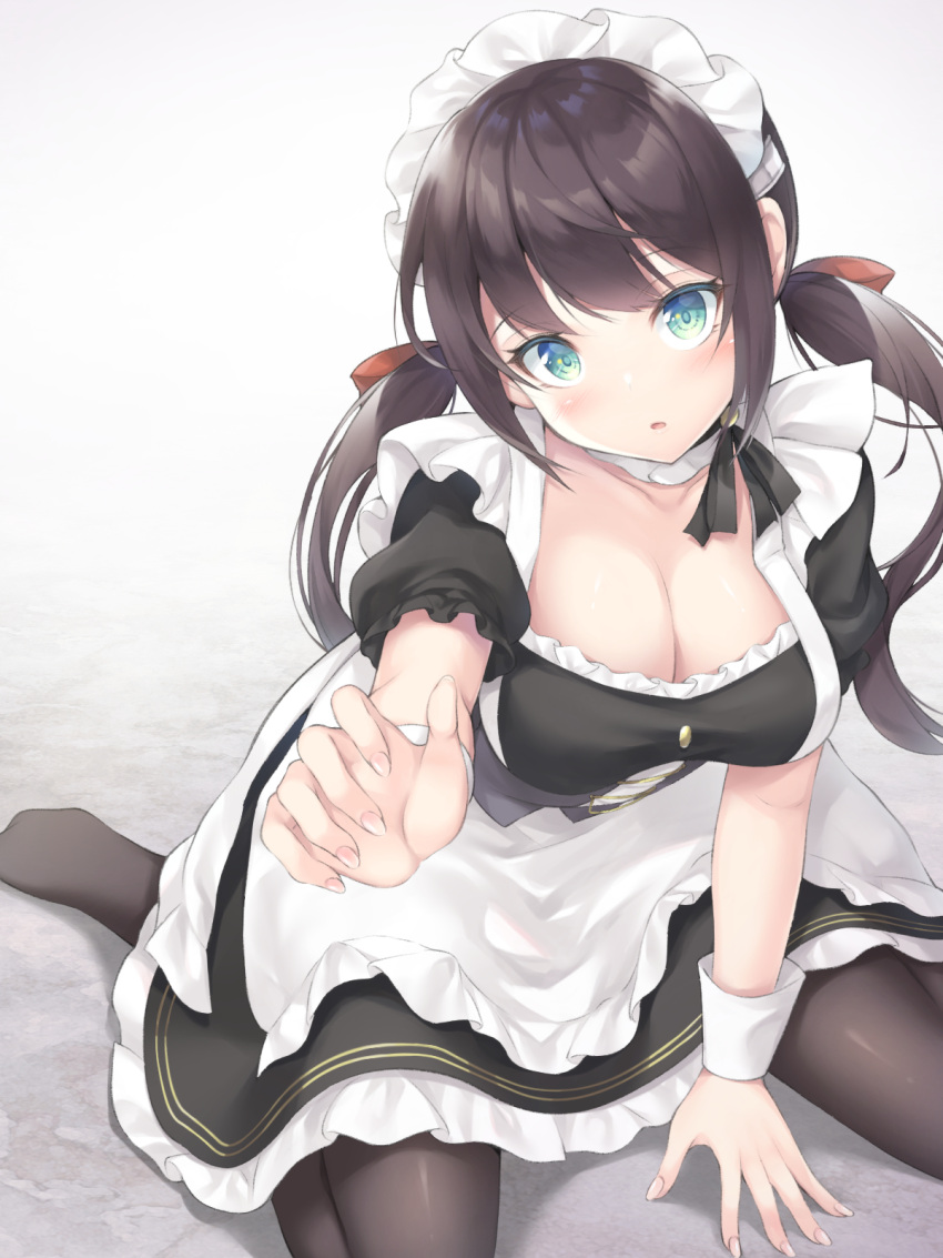 1girl, apron, azur_lane, bangs, black_hair, black_legwear, blush, collarbone, commentary_request, detached_collar, eyebrows_visible_through_hair, glasgow_(azur_lane), gradient, gradient_background, green_eyes, hair_ribbon, head_tilt, highres, kyousaki_nao, leaning_forward, long_hair, maid, maid_apron, maid_headdress, pantyhose, parted_lips, reaching_out, ribbon, sidelocks, simple_background, sitting, twintails, wariza, wrist_cuffs