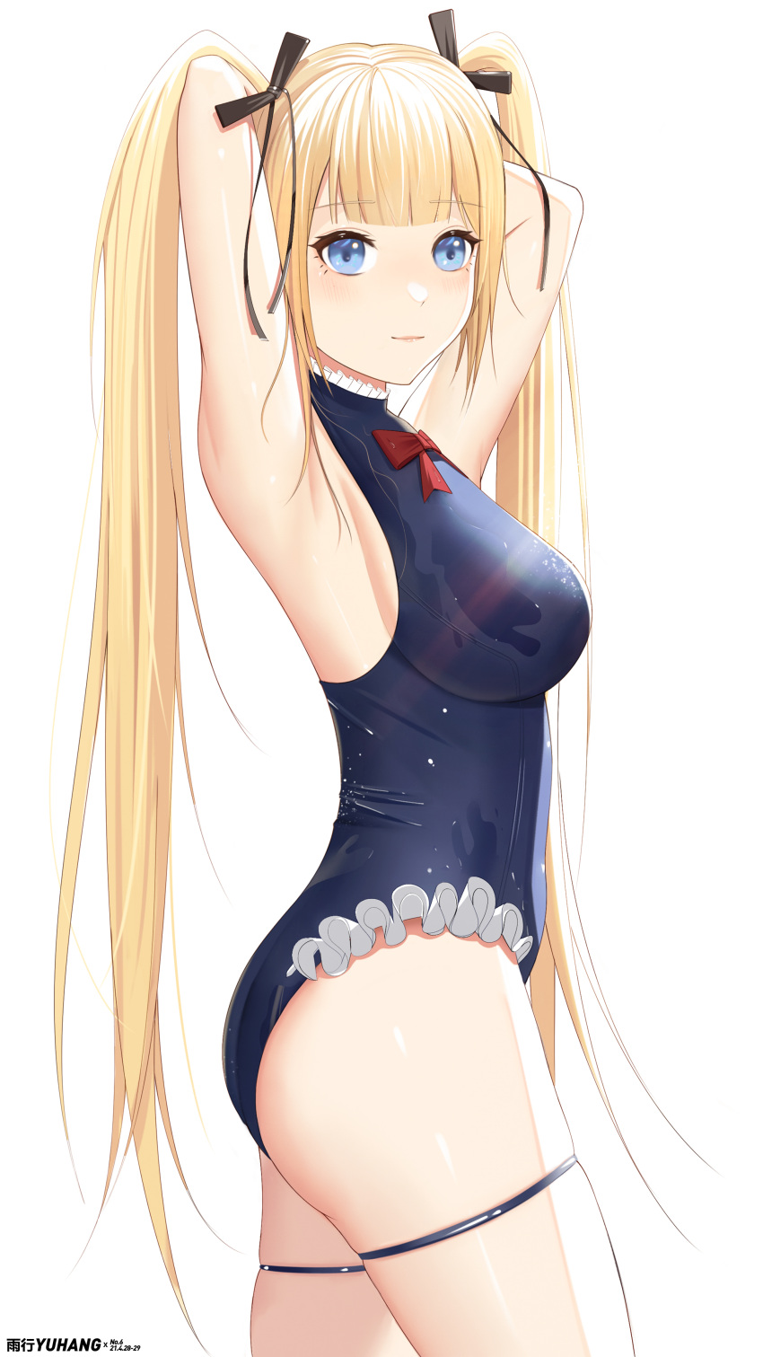 1girl, absurdres, adapted_costume, azur_lane, blonde_hair, blue_eyes, blue_swimsuit, casual_one-piece_swimsuit, chinese_commentary, commentary_request, dead_or_alive, dead_or_alive_5, frilled_swimsuit, frills, highres, long_hair, marie_rose, marie_rose_(devilish_servant_against_the_splashing_waves), one-piece_swimsuit, simple_background, solo, swimsuit, twintails, white_background, yuxing_yuhang