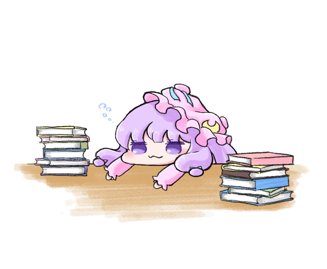 ajitsuki, bangs, blue_bow, blunt_bangs, book, bow, chibi, crescent